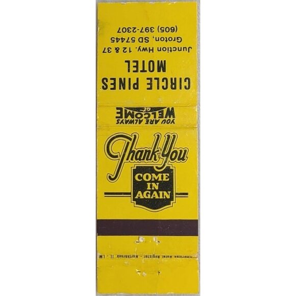 Matchbook Cover Circle Pines Motel Groton SD South Dakota Yellow Black - Picture 2 of 4